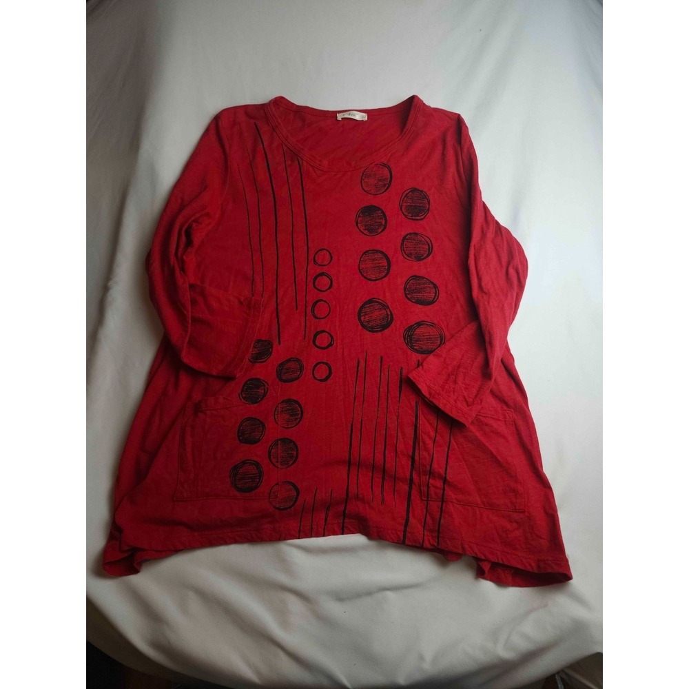 Jean and Lane Tunic Top Womens Size XL Red Black Geometric Print Cotton Artwear